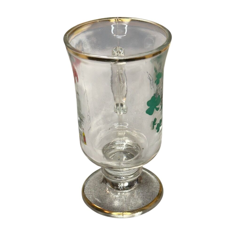 Vintage Irish Coffee Mug Clear Glass Clover Gold Rim with Handle Stem Drinkware - Picture 4 of 5
